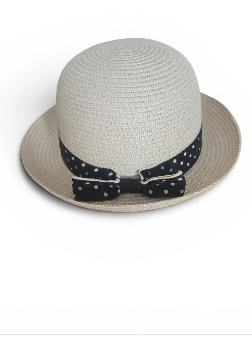 Cream Straw Cloche Hat with Navy Polka Dot Bow Band